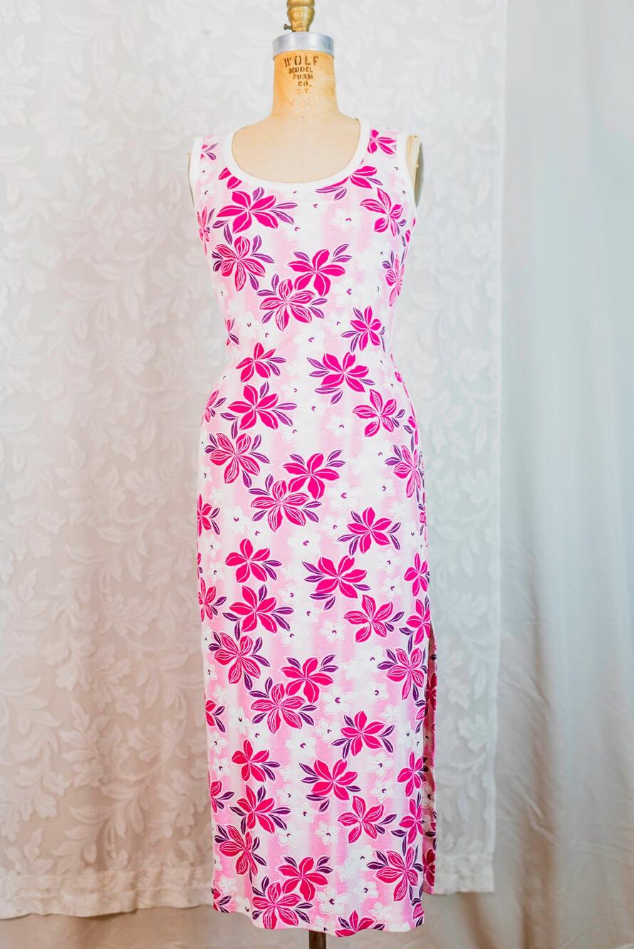 Vintage 90s Pink Hawaiian Hibiscus Maxi Dress, Bodycon Summer Resort Vacation, M